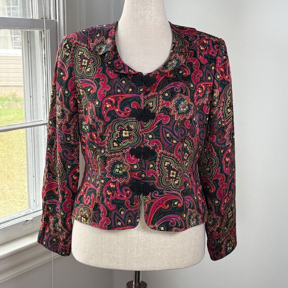 Vintage 90s Maggy London Silk Paisley Blouse 12 Petite Mandarin Button Boho Chic